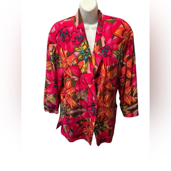 Adam Douglass 100% Silk 2 Button Bright Floral Hawaiian Jacket Blazer M Pockets - Picture 2 of 9